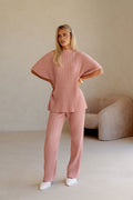 Blush Pink Ribbed Knit High Waist Celine Pants