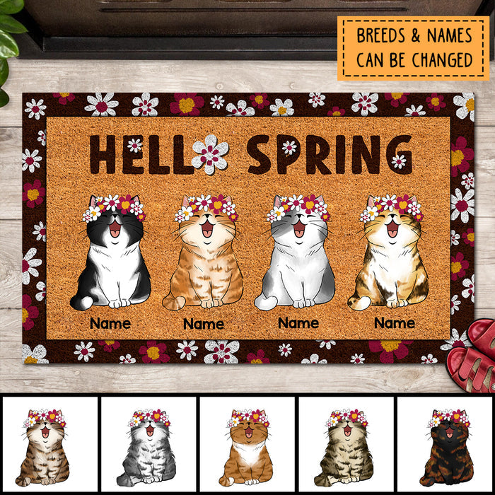 Pawzity Personalized Doormat, Gifts For Cat Lovers, Hello Spring Cat With Sakura Flower Wreath Outdoor Door Mat