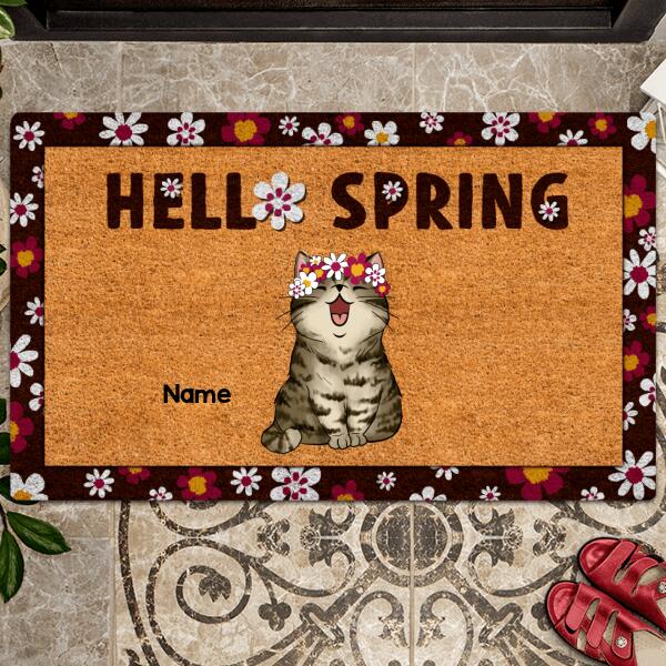Pawzity Personalized Doormat, Gifts For Cat Lovers, Hello Spring Cat With Sakura Flower Wreath Outdoor Door Mat