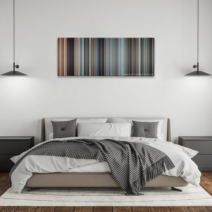 Pearl Harbor color palette canvas above a bed, between two black pendant lamps