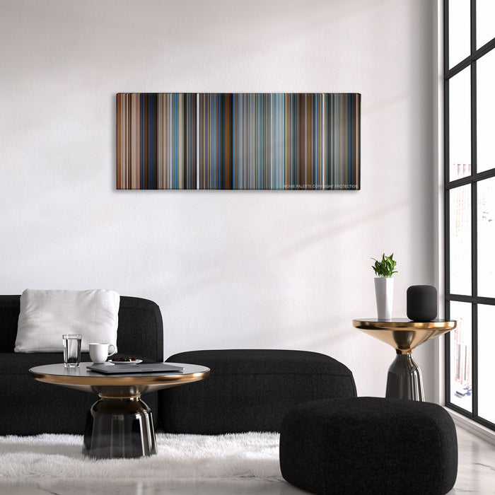 Pearl Harbor color palette canvas above a black sofa with a gold-topped table