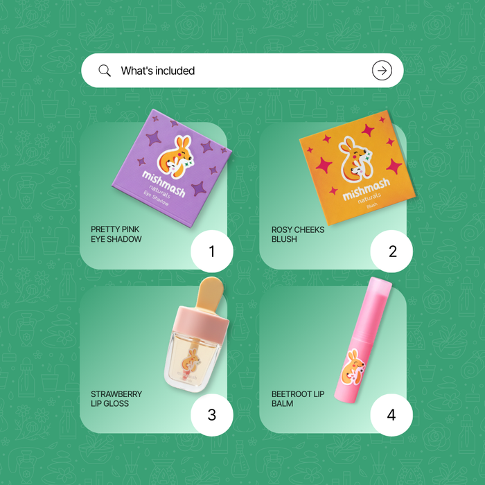Makeup products with packaging labeled 'mishmash' on a green background
