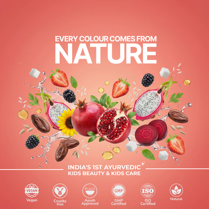 Product advertisement with natural ingredients and certification logos on a pink background