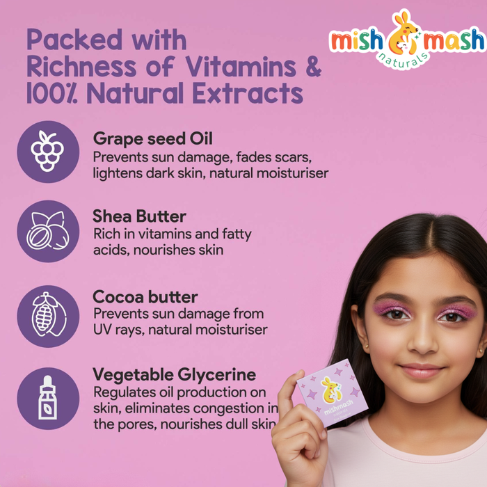 Product packaging with text about vitamins, natural extracts, and benefits on a pink background.