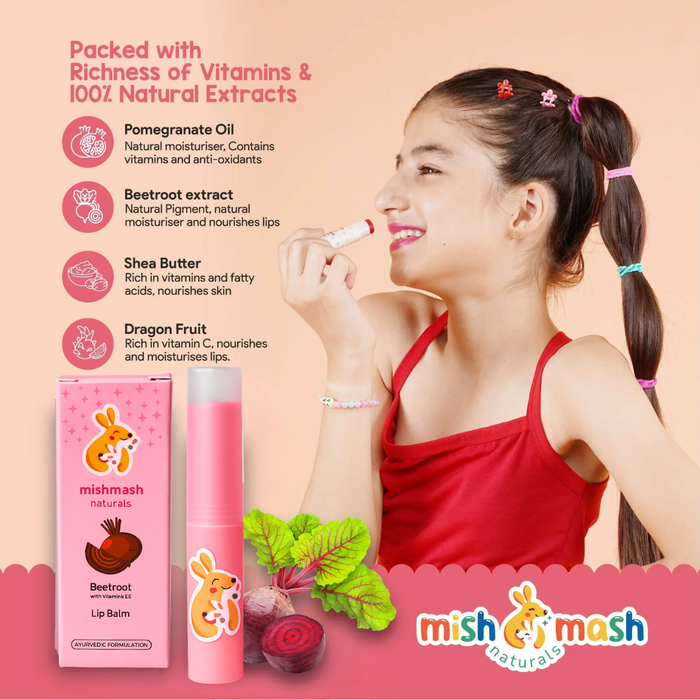 Girl applying lip balm with product packaging and ingredients listed on a pink background