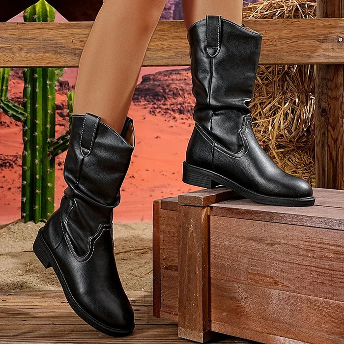 Pleated V-Cut Cowboy Boots for Women – Stylish & Comfortable