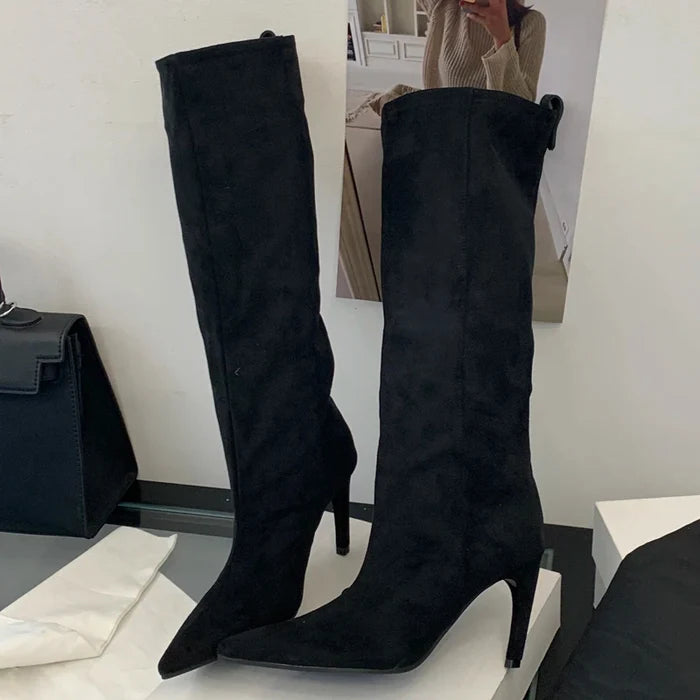 Pointed Toe Black Knee High Boots for Women – Chic & Stylish