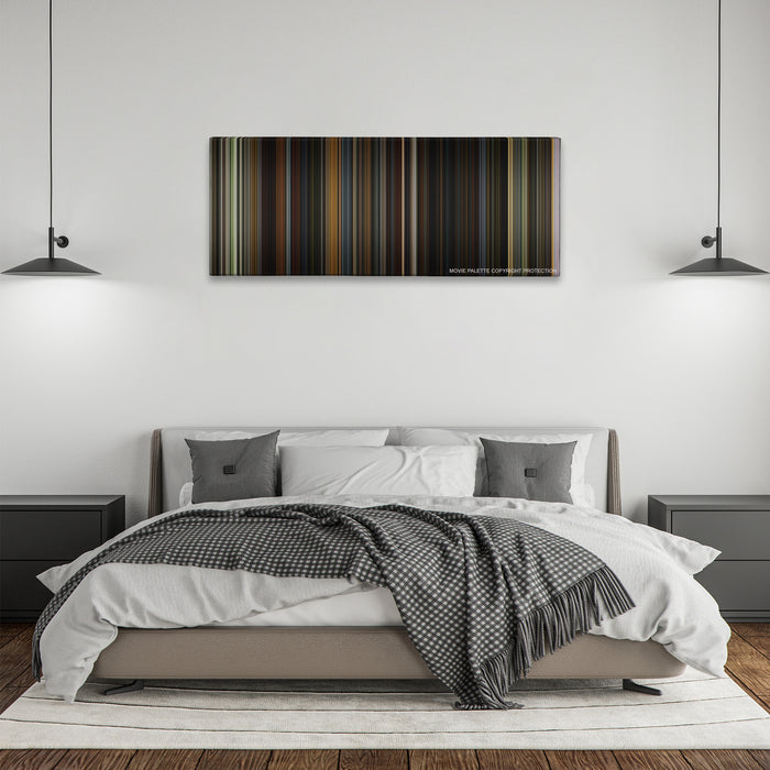 Public Enemies color palette canvas above a bed, between two black pendant lamps