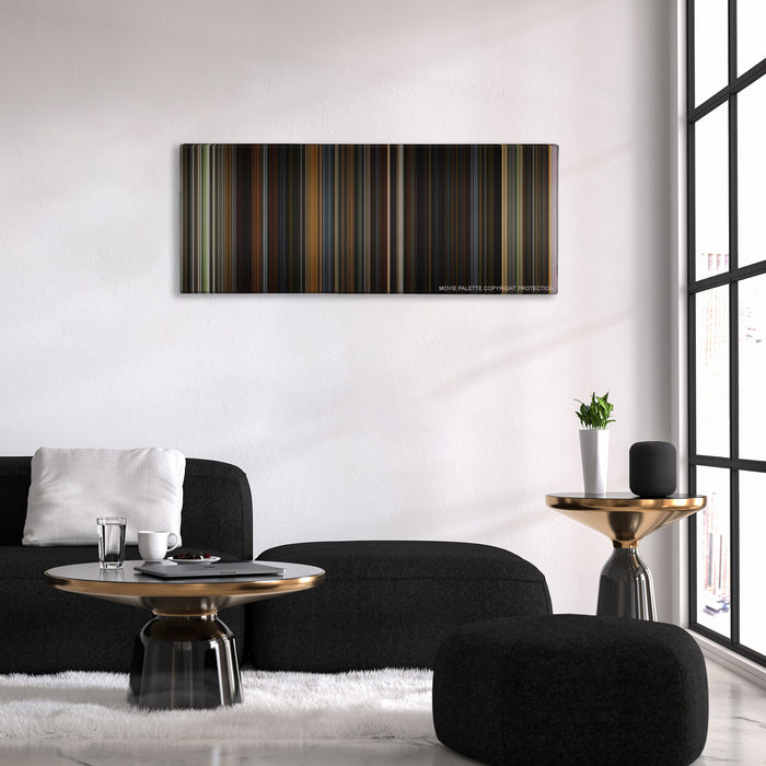 Public Enemies color palette canvas above a black sofa with a gold-topped table