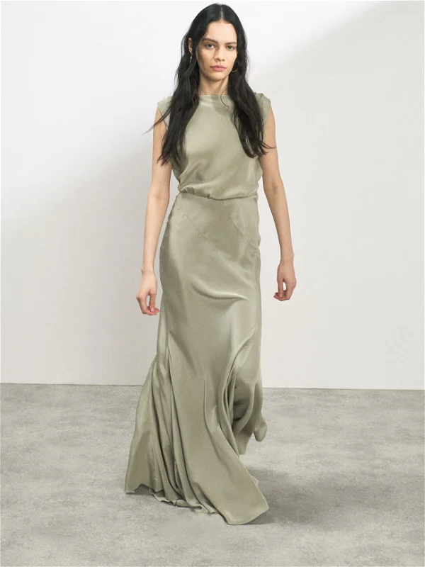 RAEY Cowl-Back Silk Seam Detail Pistachio Green Crepe De Chine Maxi Dress - House Of Huntington