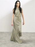 RAEY Cowl-Back Silk Seam Detail Pistachio Green Crepe De Chine Maxi Dress - House Of Huntington