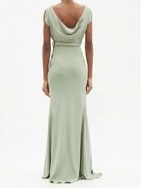 RAEY Cowl-Back Silk Seam Detail Pistachio Green Crepe De Chine Maxi Dress - House Of Huntington