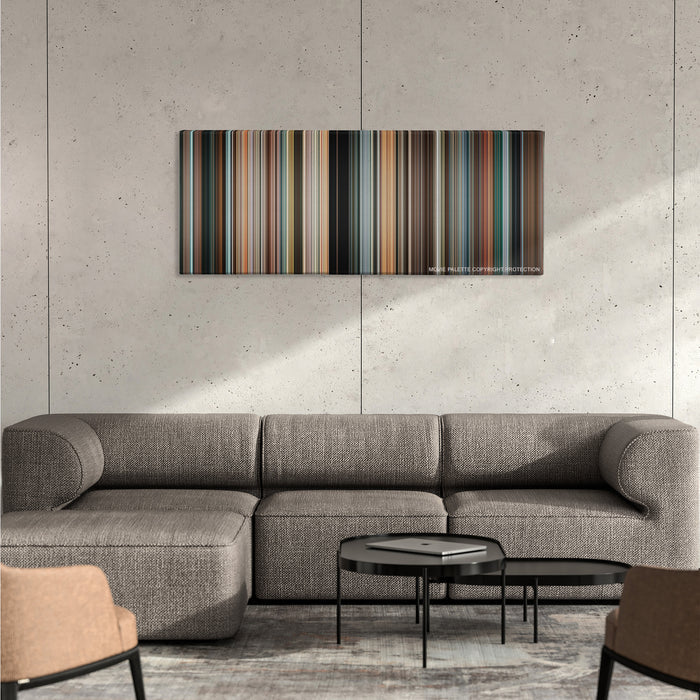 RED color palette canvas on a concrete wall above a gray sectional sofa
