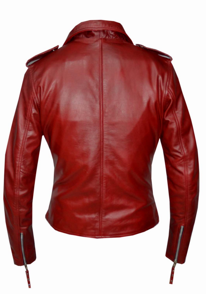 back of Real red leather motorcycle style jacket with snap down label, motorcycle style collar. Epaulets and asymmetrical zipper. Adjustable attached belt.