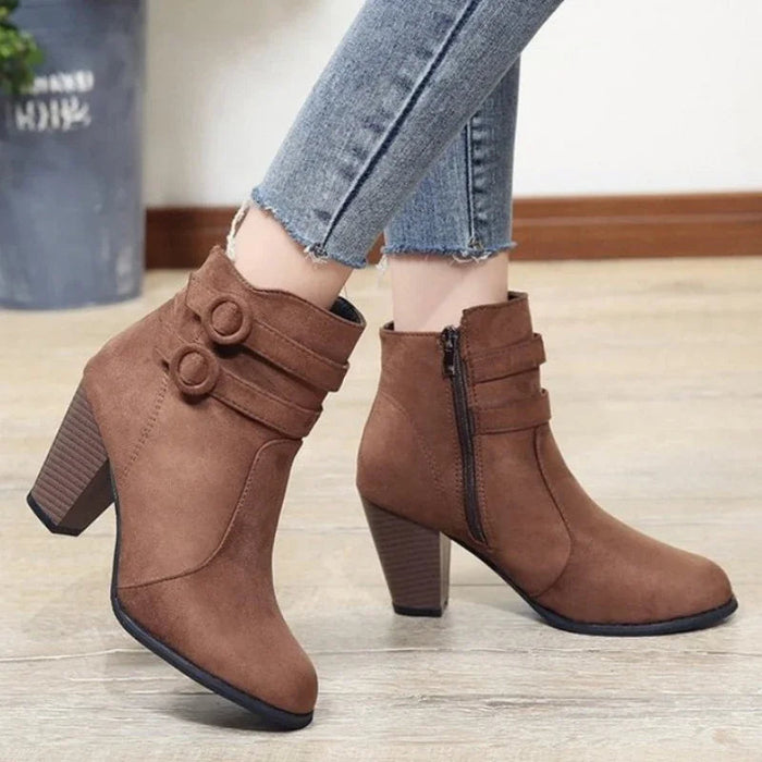 Retro Belt Buckle Block Heel Boots for Women – Stylish & Versatile