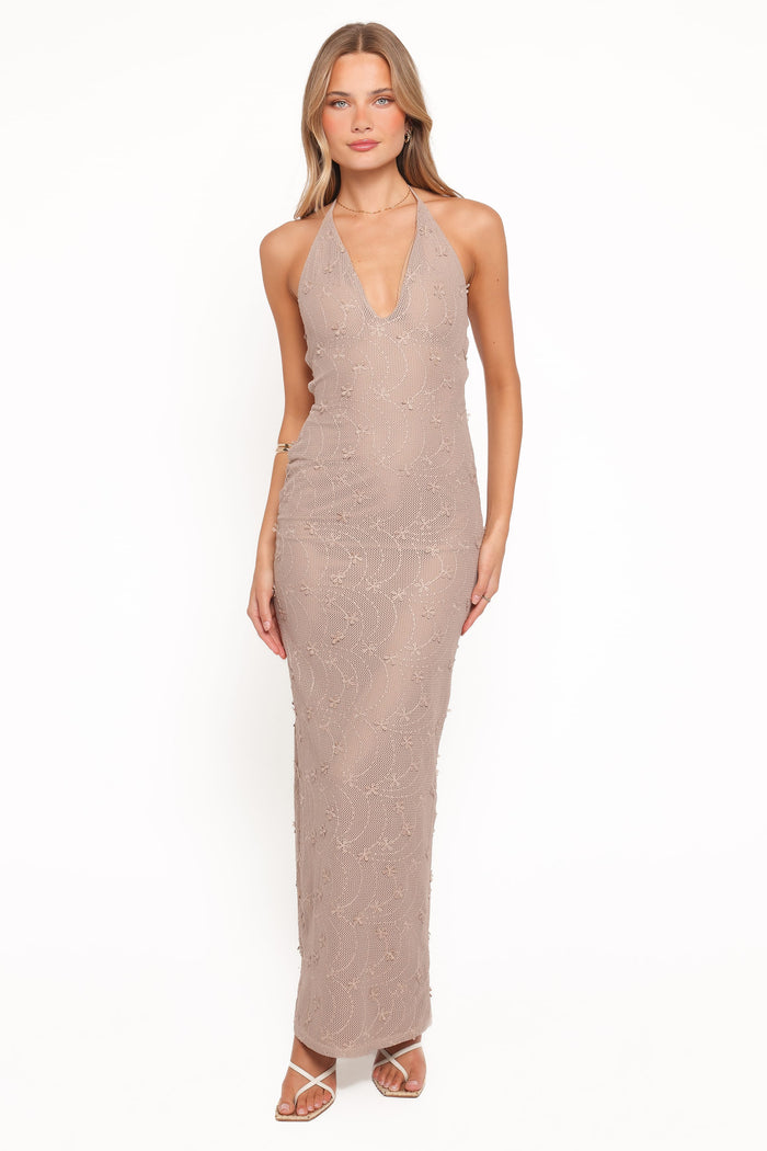 Petal and Pup USA DRESSES Riley Halter Maxi Dress - Taupe