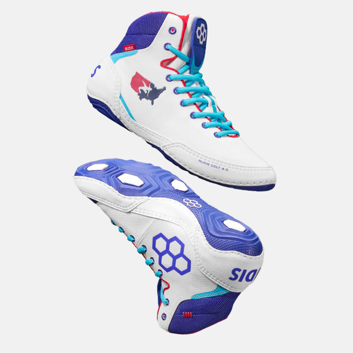 Side and side medial view of the Rudis Colt 4.0 Youth Wrestling Shoes, USA.