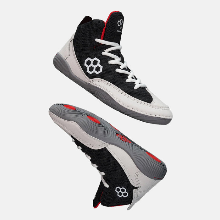 Side and side medial view of the Rudis Courage Youth Wrestling Shoes, Midnight Smoke.
