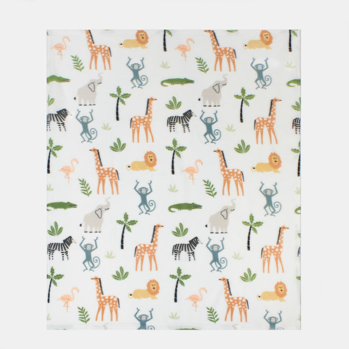 full safari fleece throw showing the complete pattern with lions, giraffes, zebras, and flamingos