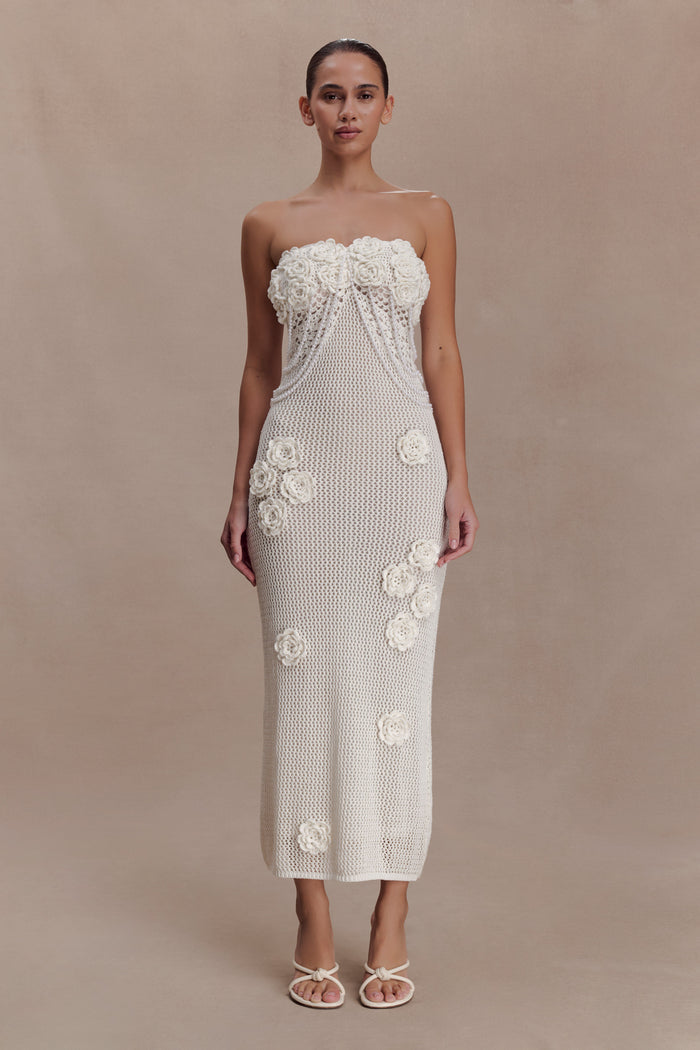 Samantha Crochet Midi Dress With Flowers - Ivory