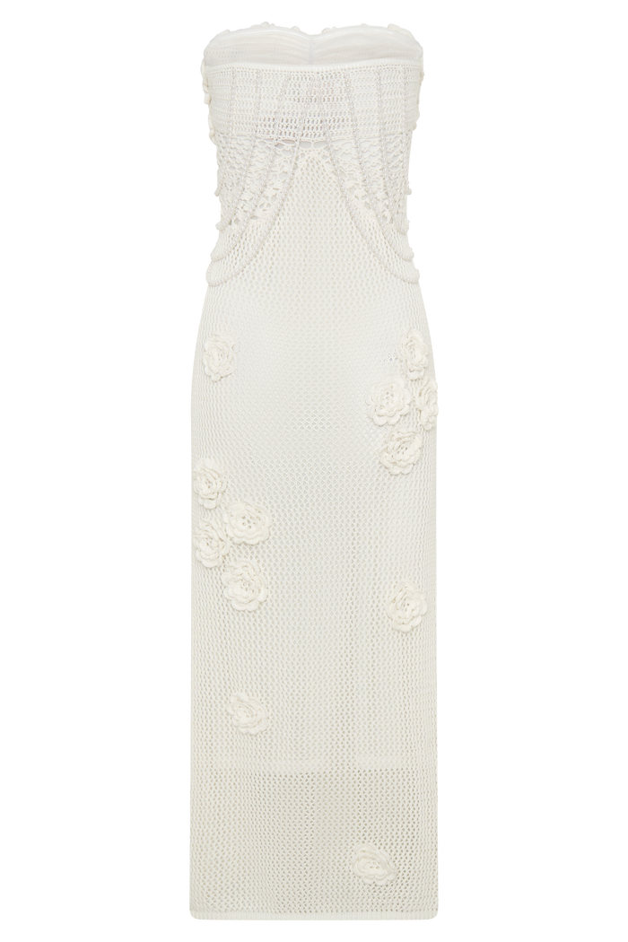 Samantha Crochet Midi Dress With Flowers - Ivory