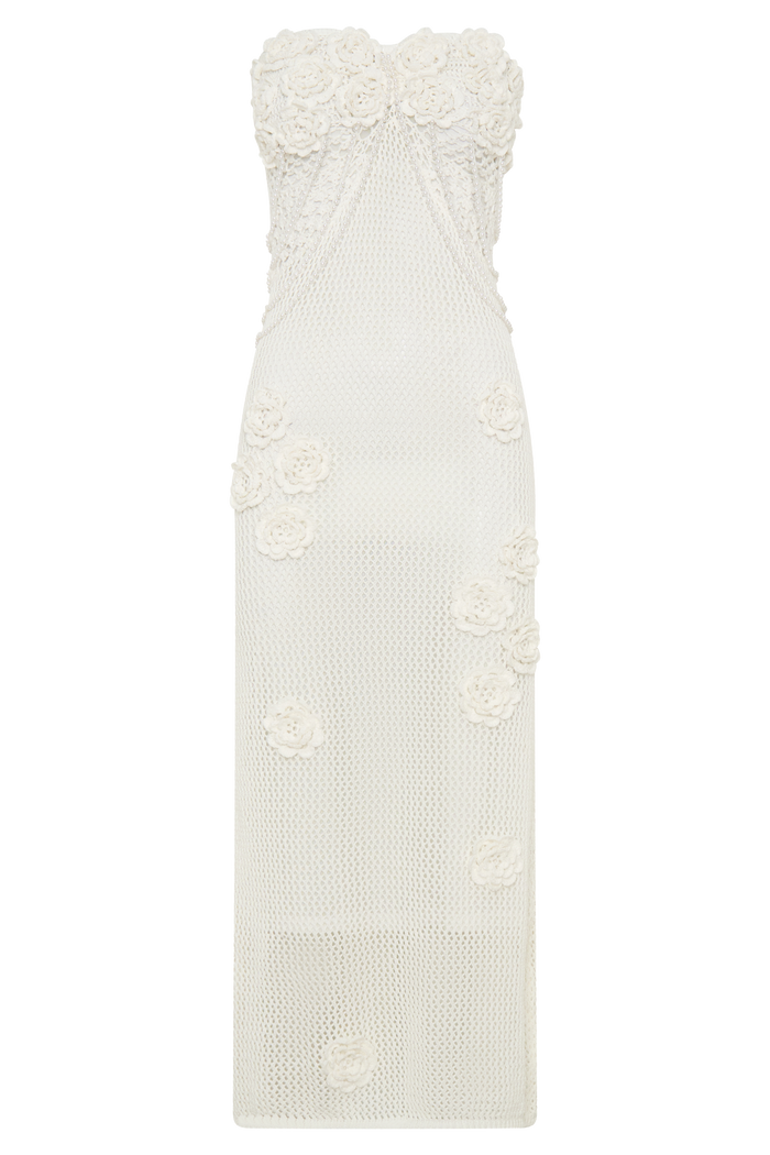 Samantha Crochet Midi Dress With Flowers - Ivory