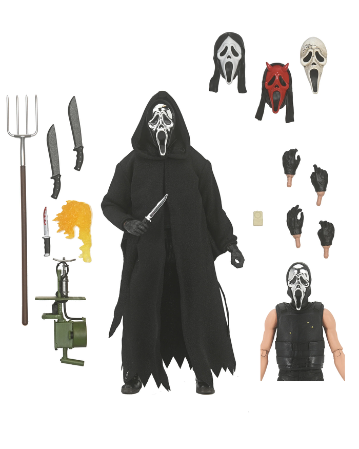 Action figure with accessories and multiple masks on a white background
