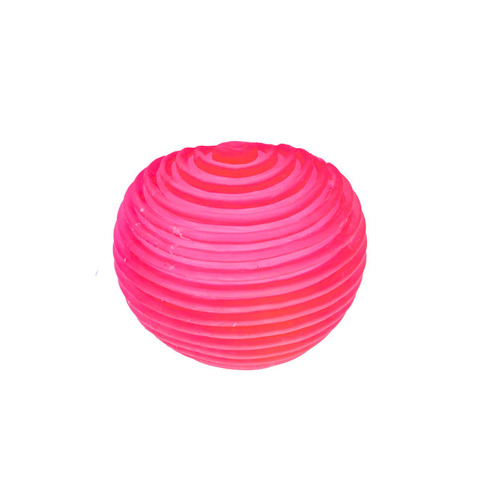 The Sensory Lab Sugar Skwish Ball is a round, bright pink ball with evenly spaced horizontal ridges, resembling a textured sphere, set against a white background.