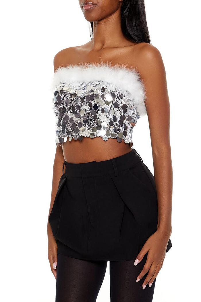 Sequin Faux Feather-Trim Tube Top