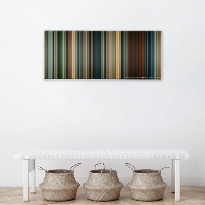 Seven Pounds color palette canvas above a white bench with three woven baskets