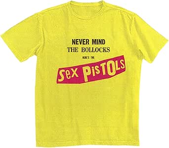 Yellow t-shirt with 'Sex Pistols' text design on a white background