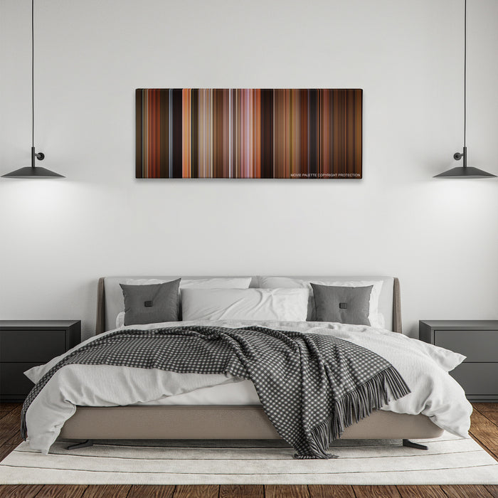 Shrek the Third color palette canvas above a bed, between two black pendant lamps