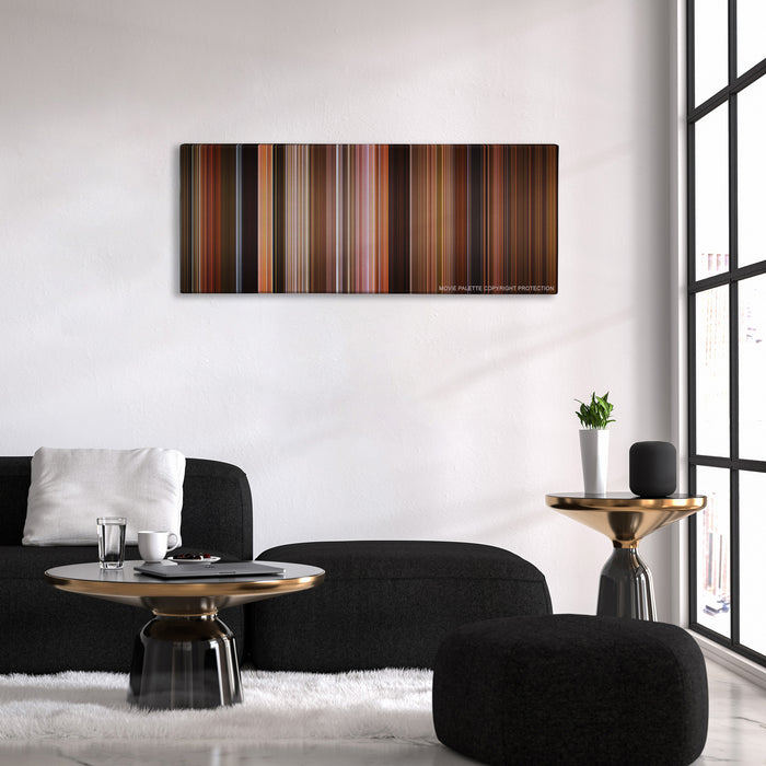 Shrek the Third color palette canvas above a black sofa with a gold-topped table