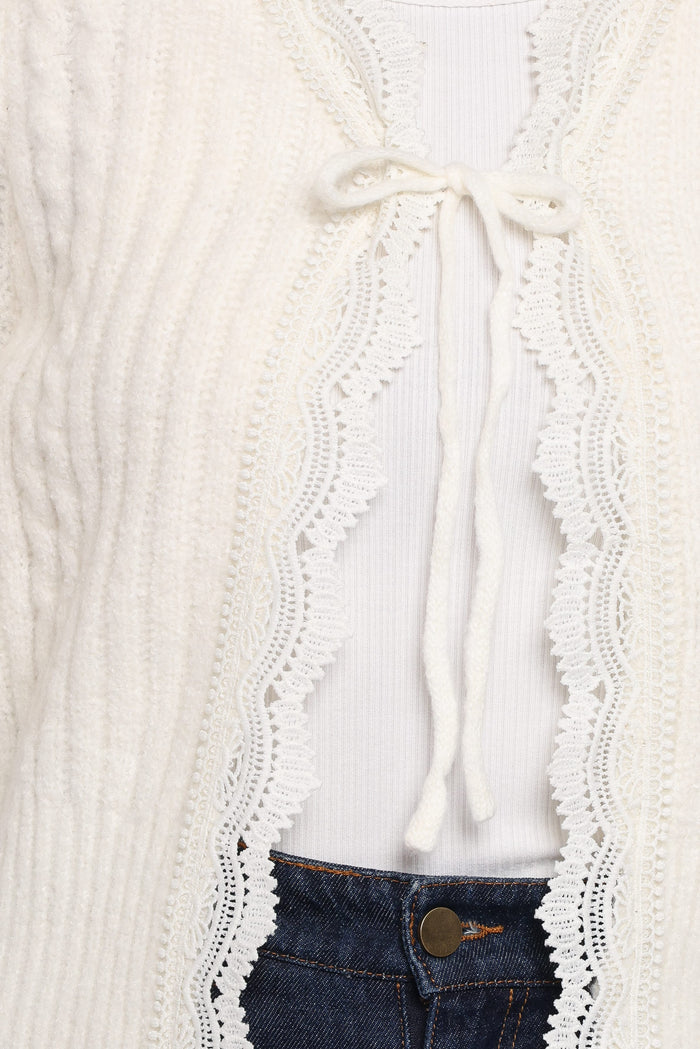 Petal and Pup USA KNITWEAR Silvie Lace Front Tie Cardigan - Cream