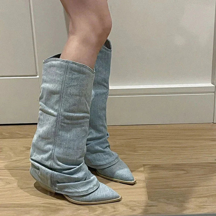 Slouchy Denim Knee-High Boots for Women – Chic & Comfortable