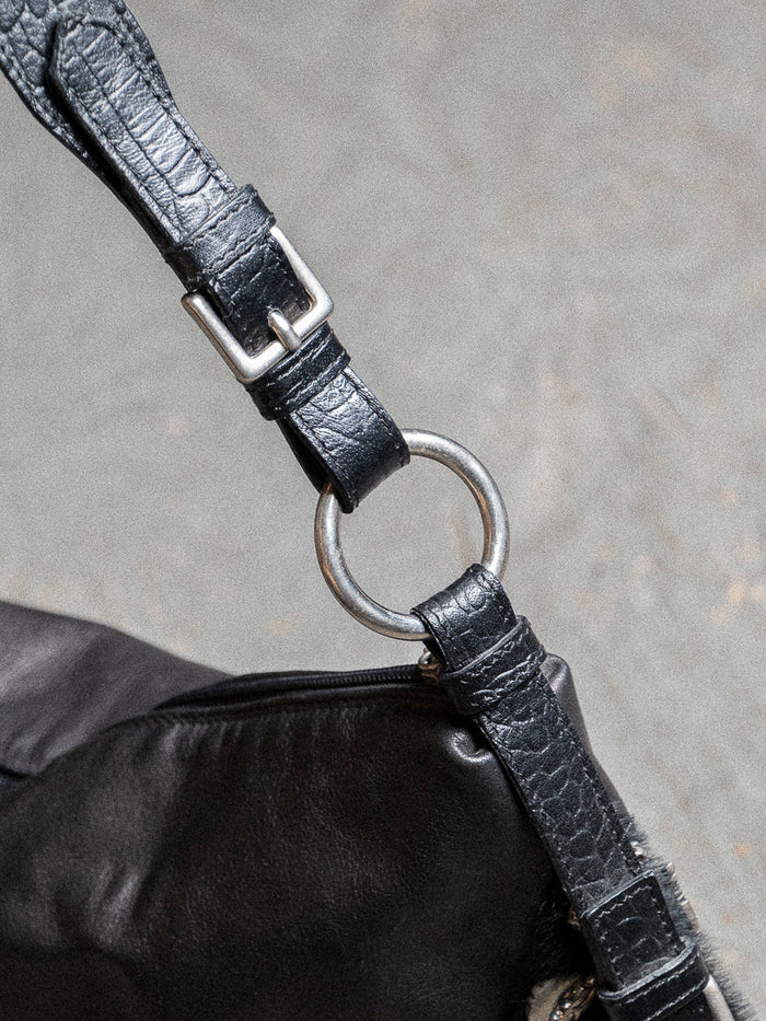 SOFT GREY dark purple calf skin handles grommet boho bag