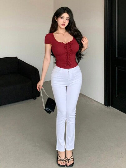 Solid Round Neck Ribbed Knit  Short Sleeve T-Shirt