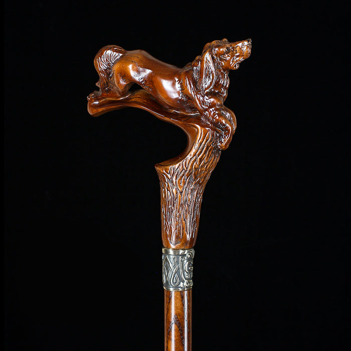Spaniel Dog: Dark Wood, Bronze Collar Artisan Handcarved Cane