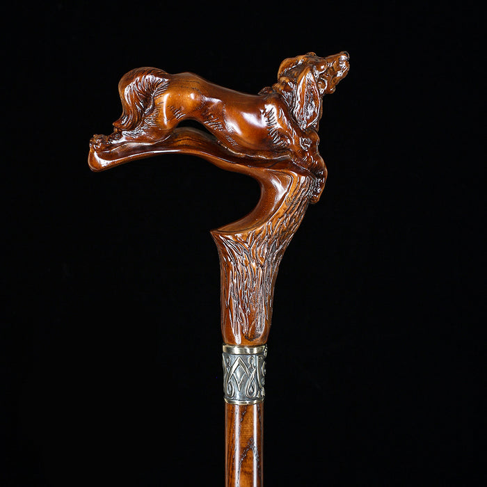 Spaniel Dog: Dark Wood, Bronze Collar Artisan Handcarved Cane