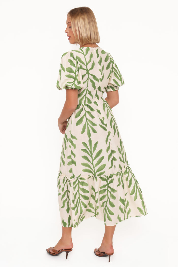 Petal and Pup USA DRESSES Steele Puff Sleeve Midi Dress - Green Palm
