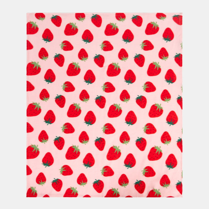 strawberry fleece throw laid out to show repeating strawberry pattern across fabric