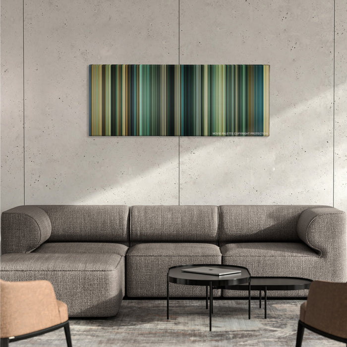 Taken 2 color palette canvas on a concrete wall above a gray sectional sofa