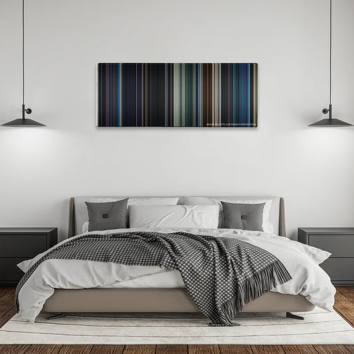 Terminator Genisys color palette canvas above a bed, between two black pendant lamps