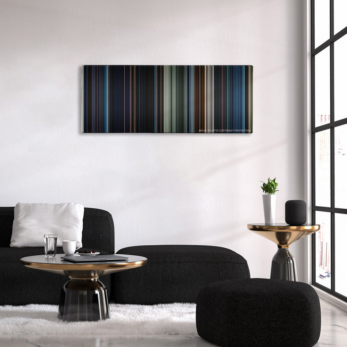 Terminator Genisys color palette canvas above a black sofa with a gold-topped table