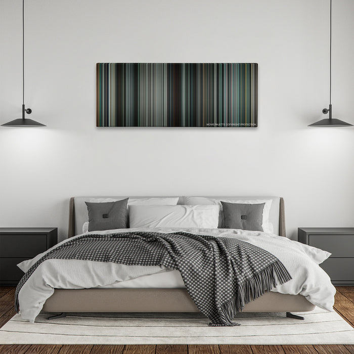 Terminator Salvation color palette canvas above a bed, between two black pendant lamps