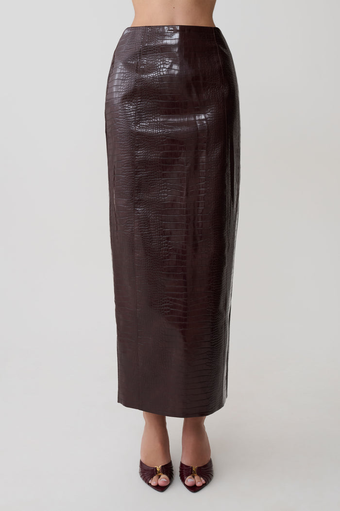 Thalia Croc Faux Leather Midi Skirt - Merlot