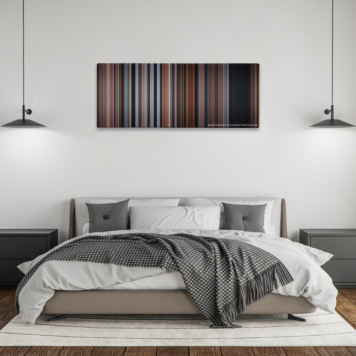 The Accountant color palette canvas above a bed, between two black pendant lamps