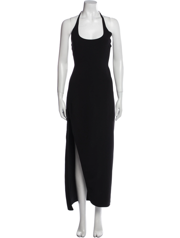 THE ATTICO Black Chain Detail Halterneck High Cut Slit Leg Corinne Dress - House Of Huntington