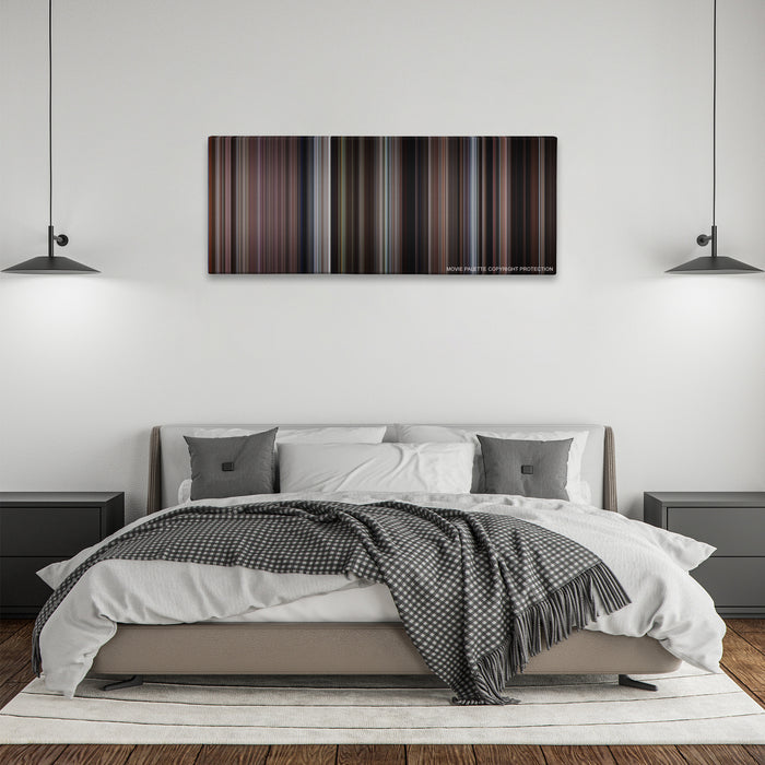 The Deer Hunter color palette canvas above a bed, between two black pendant lamps