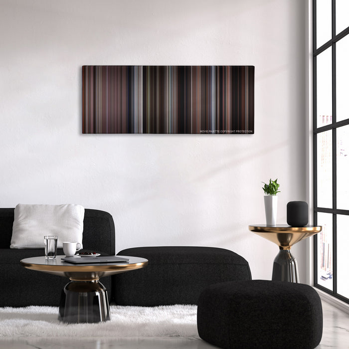 The Deer Hunter color palette canvas above a black sofa with a gold-topped table